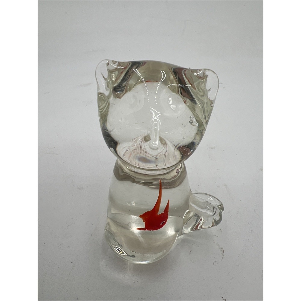 Art Glass Paperweight Cat That Swallowed a Goldfish, Figurine. 3 Inch